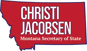 A red outline of Montana with white text reading Christi Jacobsen and smaller yellow text below reading Montana Secretary of State..