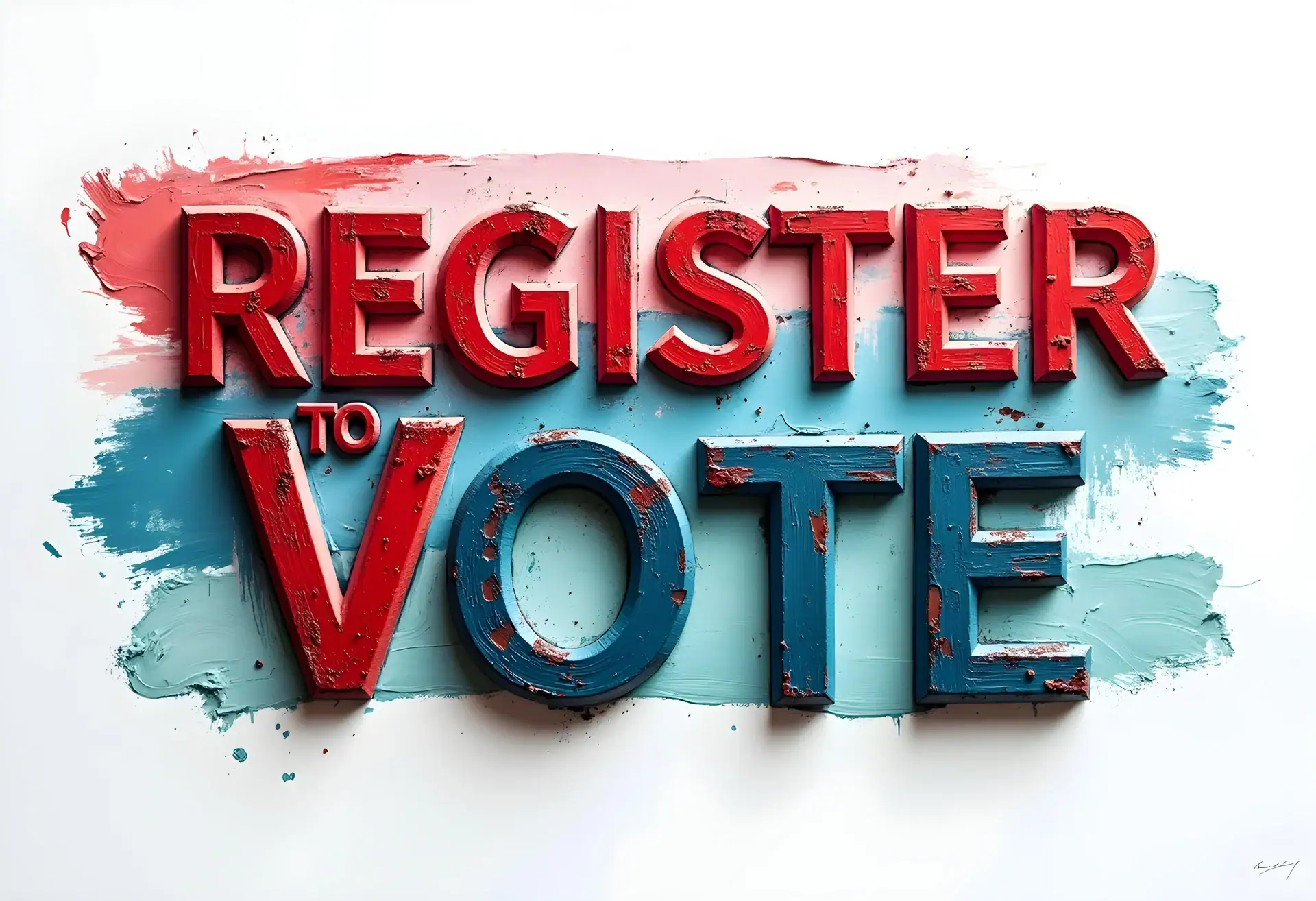 Bold 3D red letters spell “Register to Vote” over blue and red paint streaks on a white surface. The weathered, textured text hints at a patriotic theme, perfect for promoting Same Weekend Registration options.